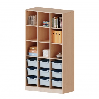 ErgoTray Regal, 3reihig, 5 OH,  unten 9 hohe Boxen, oben 6 EB, B/H/T 104,5x190x40cm 